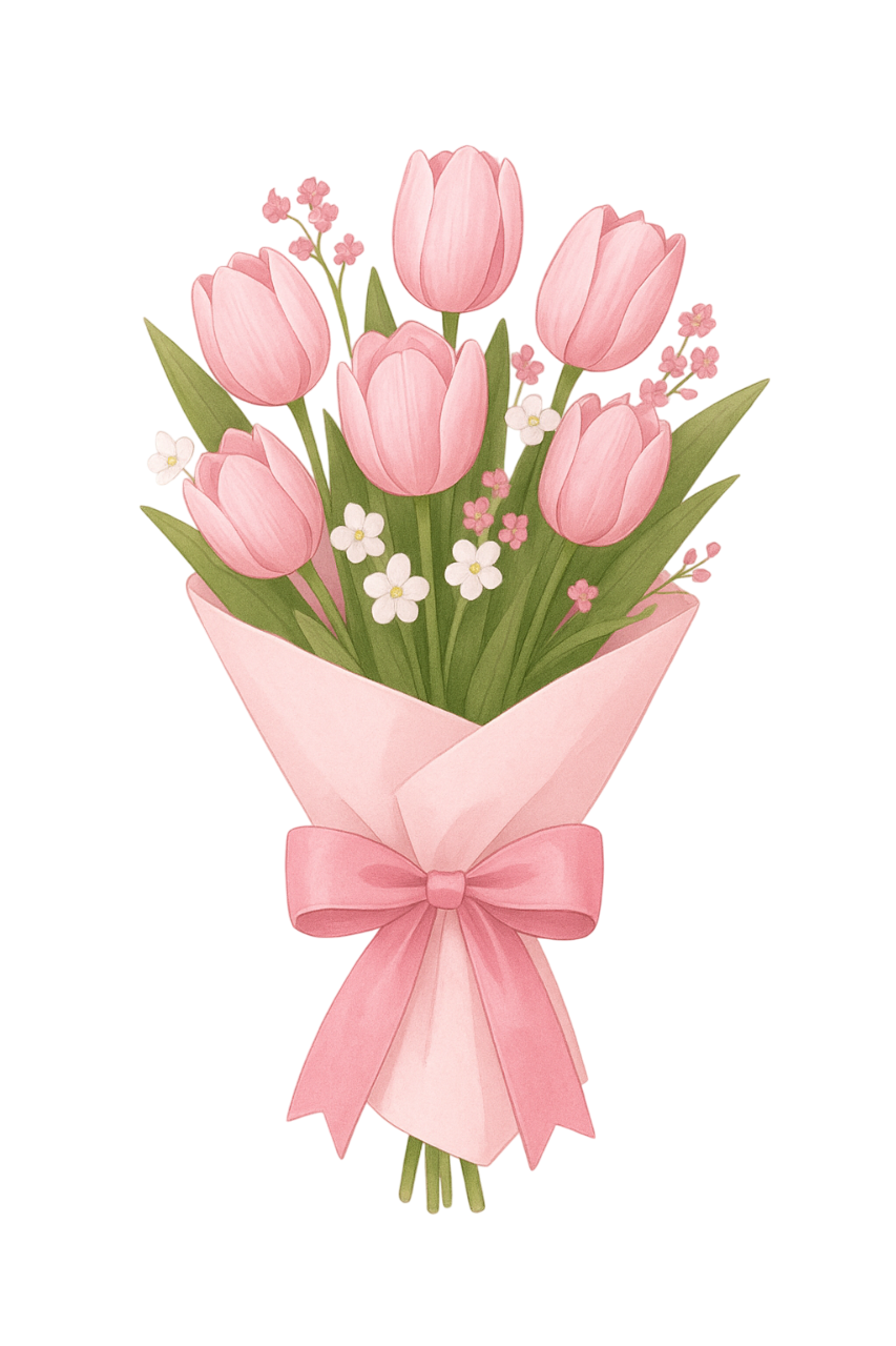 Pembe lale buketi, pembe kurdeleli